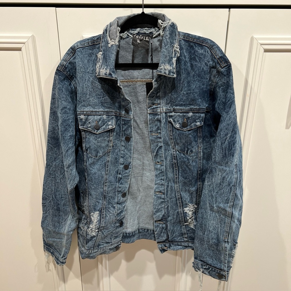The People vs Men's XXL Fits US Large Denim Jean Jacket Distressed Destroyed - Picture 3 of 11